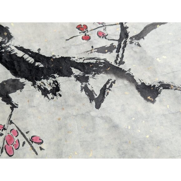 Vintage Japanese ink drawing Cherry blossom on gold flecked rice paper - Picture 9 of 10